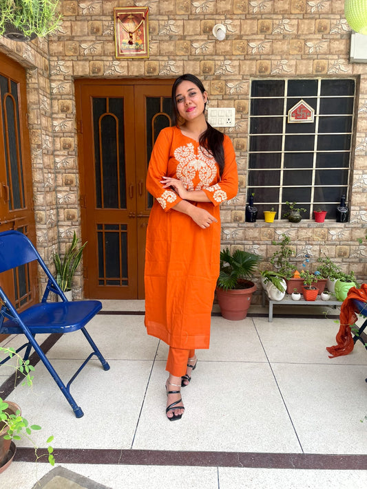 Bold Orange Kurta Set with Embroidered Yoke