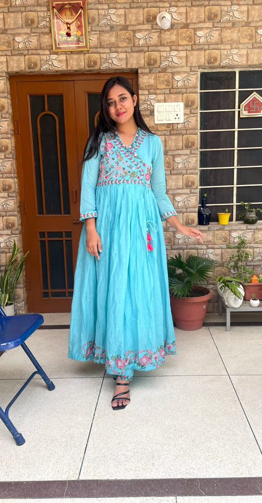 White/Sky Blue/Yellow Floral Anarkali Gown Set