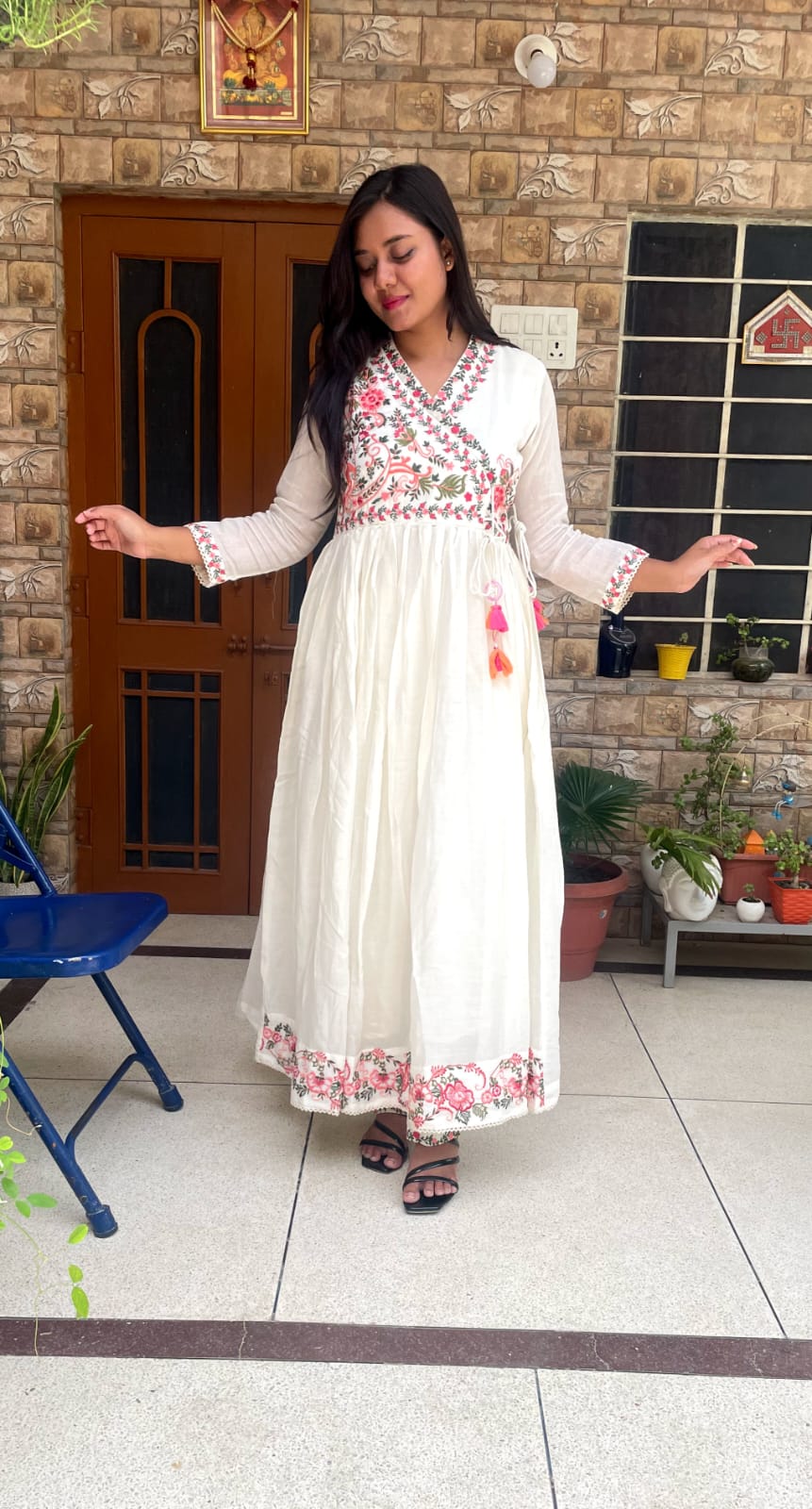 White/Sky Blue/Yellow Floral Anarkali Gown Set