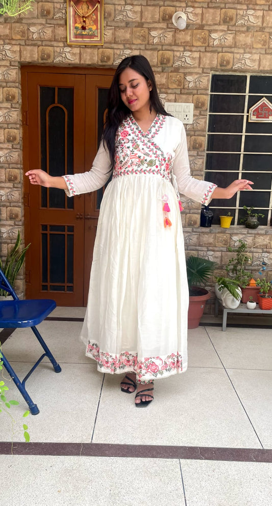 White/Sky Blue/Yellow Floral Anarkali Gown Set