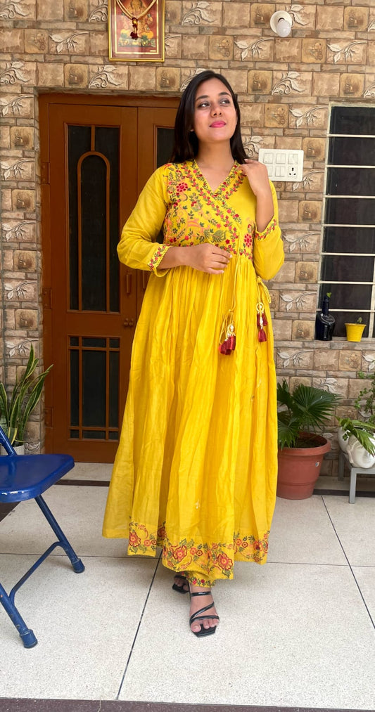 White/Sky Blue/Yellow Floral Anarkali Gown Set