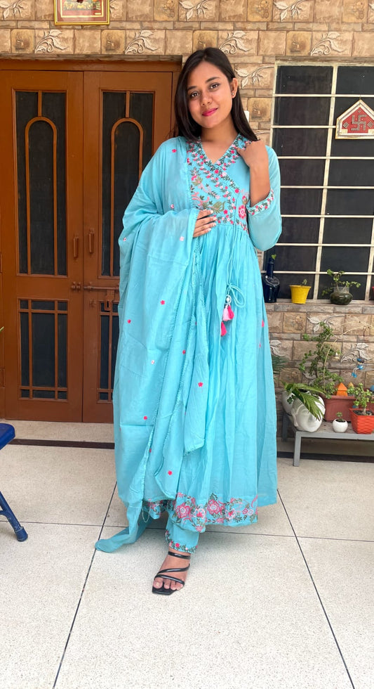 White/Sky Blue/Yellow Floral Anarkali Gown Set
