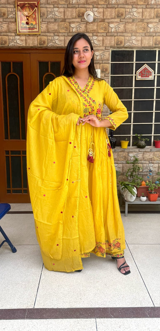 White/Sky Blue/Yellow Floral Anarkali Gown Set
