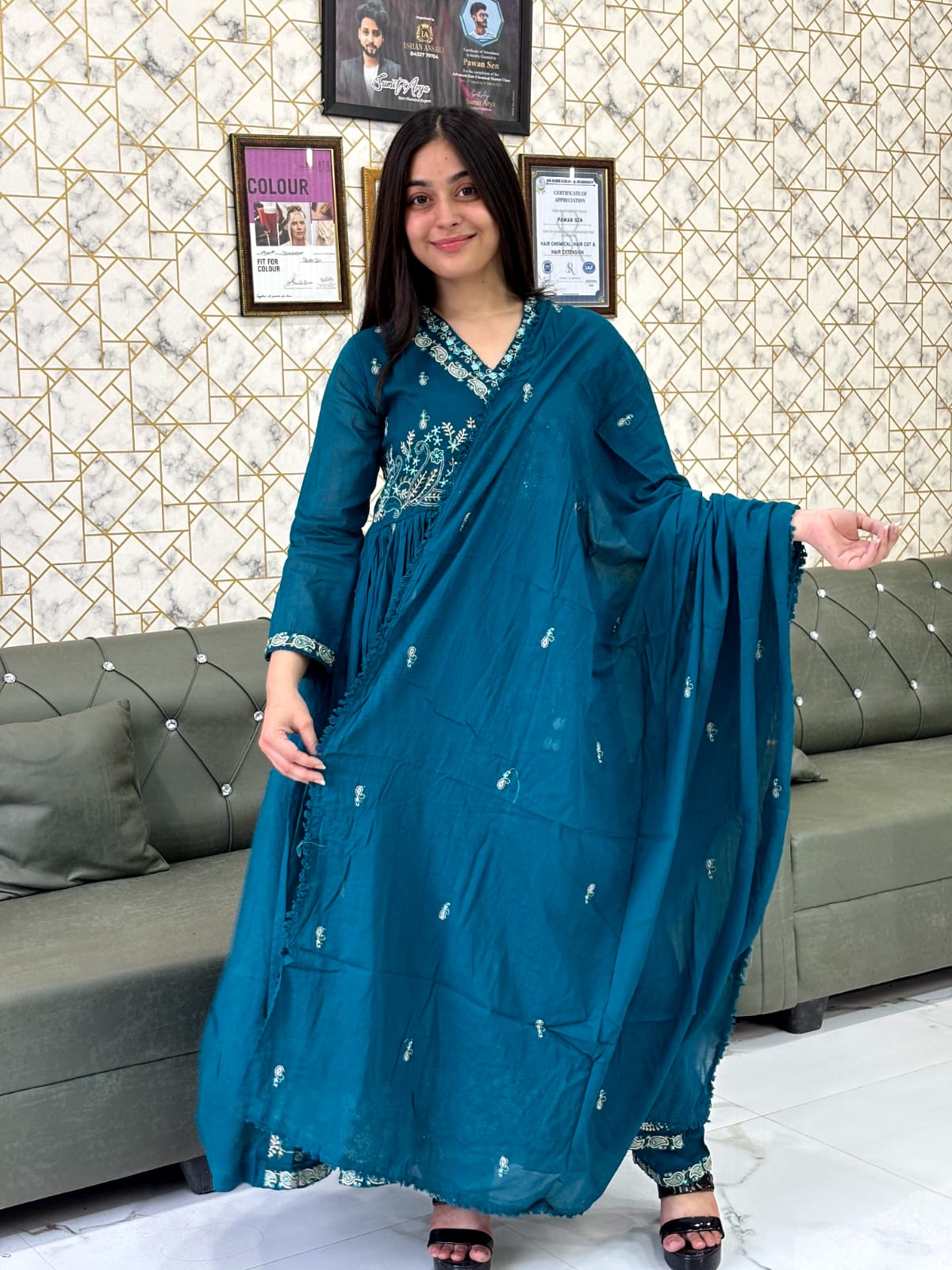 Teal Blue Embroidered Anarkali Suit Set / Magenta Anarkali Kurta Set with Dupatta