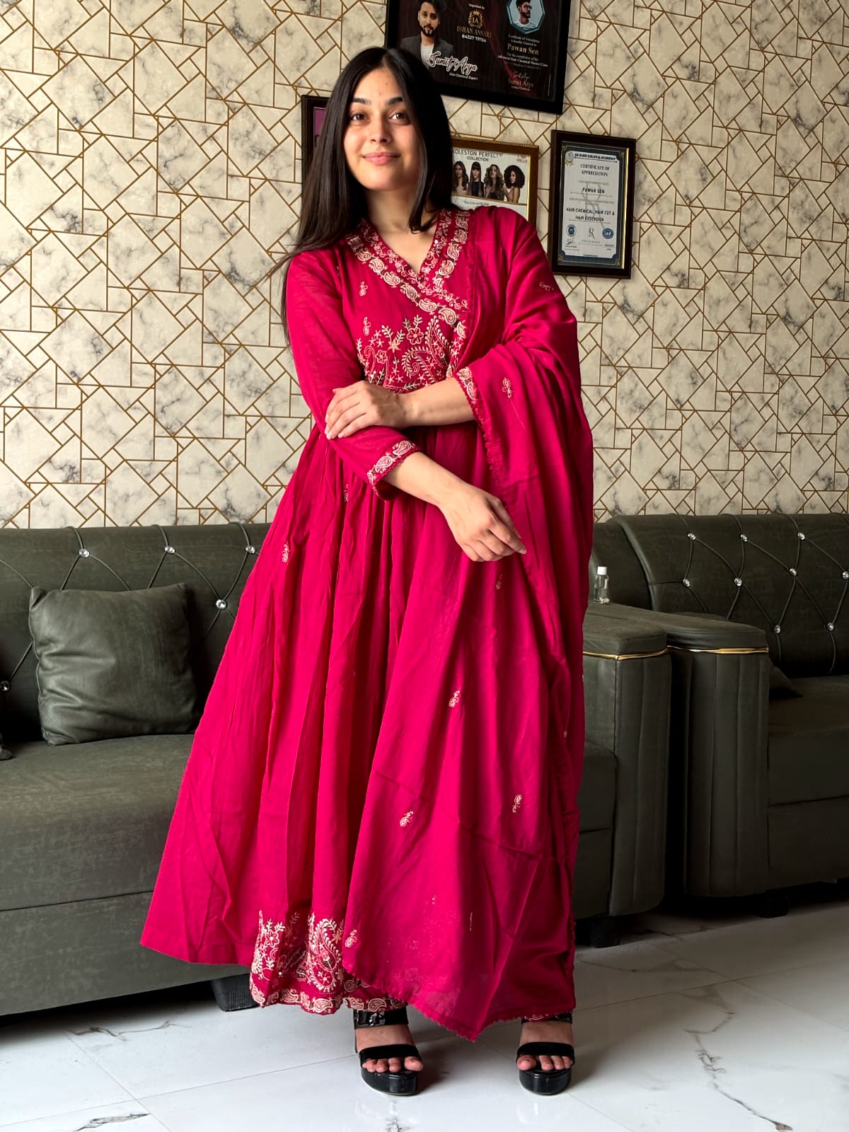 Teal Blue Embroidered Anarkali Suit Set / Magenta Anarkali Kurta Set with Dupatta