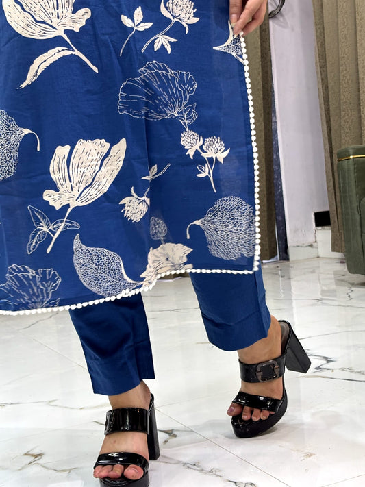 Royal Blue Floral Printed Cotton Kurta Set with Dupatta