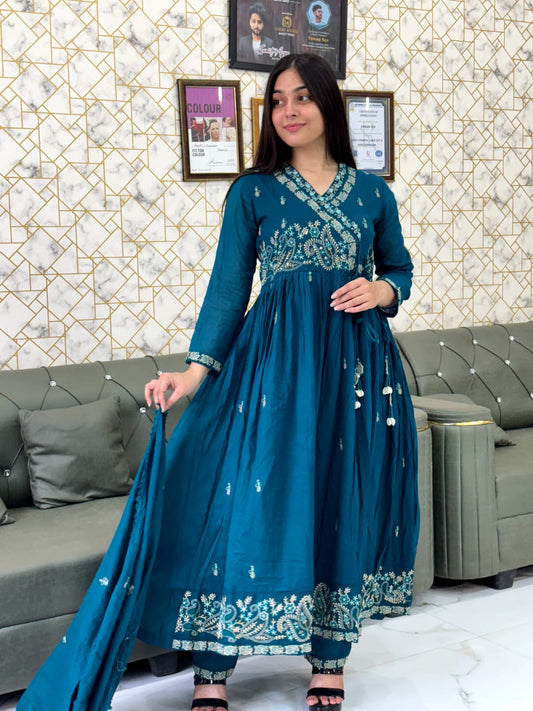 Teal Blue Embroidered Anarkali Suit Set / Magenta Anarkali Kurta Set with Dupatta