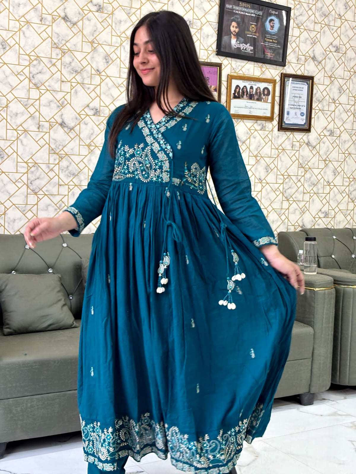 Teal Blue Embroidered Anarkali Suit Set / Magenta Anarkali Kurta Set with Dupatta