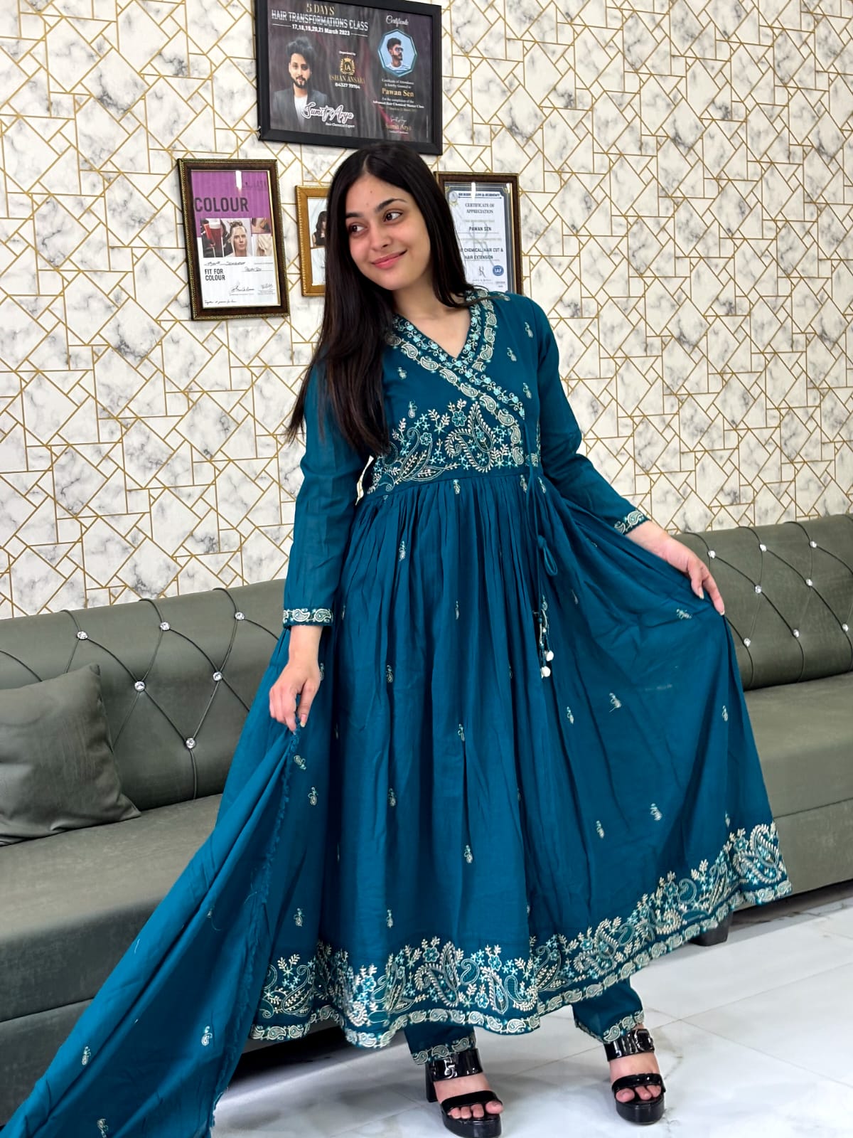 Teal Blue Embroidered Anarkali Suit Set / Magenta Anarkali Kurta Set with Dupatta