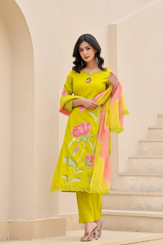 💚 Anziva Lime Green Embroidered Suit with Contrast Dupatta