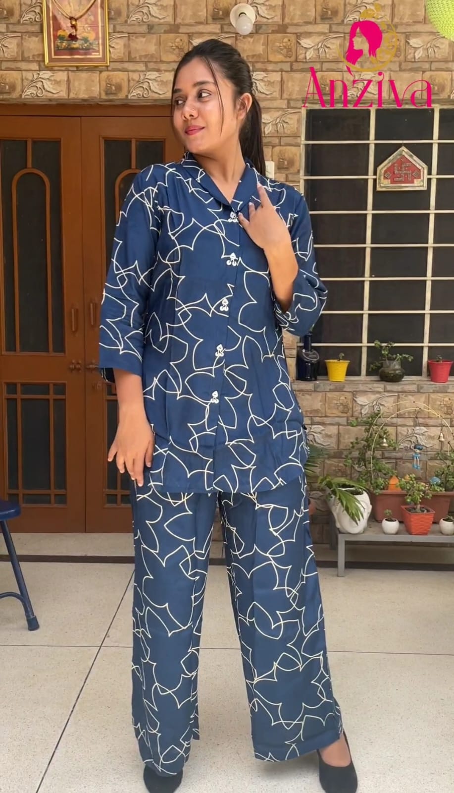 🌙 Anziva Navy Blue Abstract Print Co-Ord Night Suit