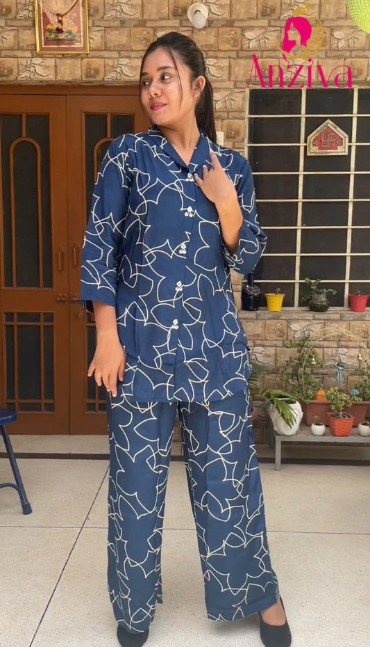 🌙 Anziva Navy Blue Abstract Print Co-Ord Night Suit