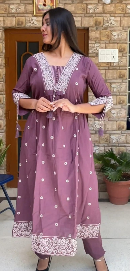 Mauve Embroidered Kurta Set