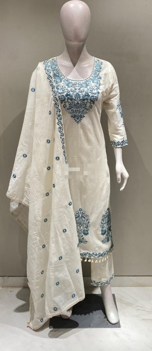 Ivory Sky  Kurta Set with Pink Thread Embroidery