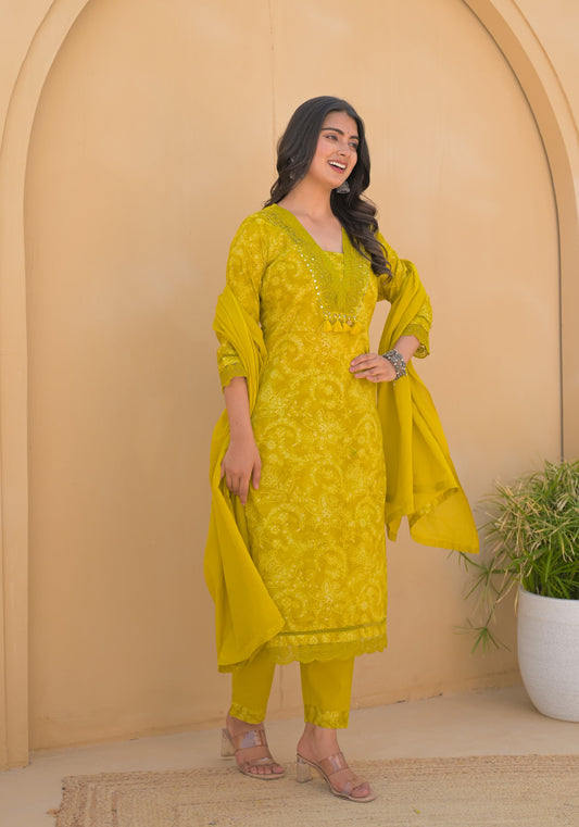 Mustard Yellow/Rani Mirror Work Straight Kurta Set