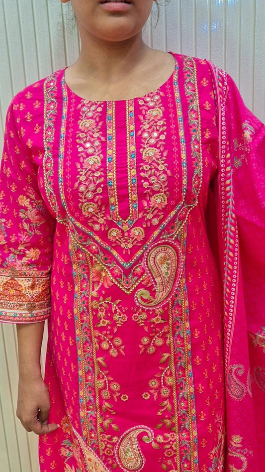 Rani Pink /Yellow  Printed Kurti Set with Dupatta
