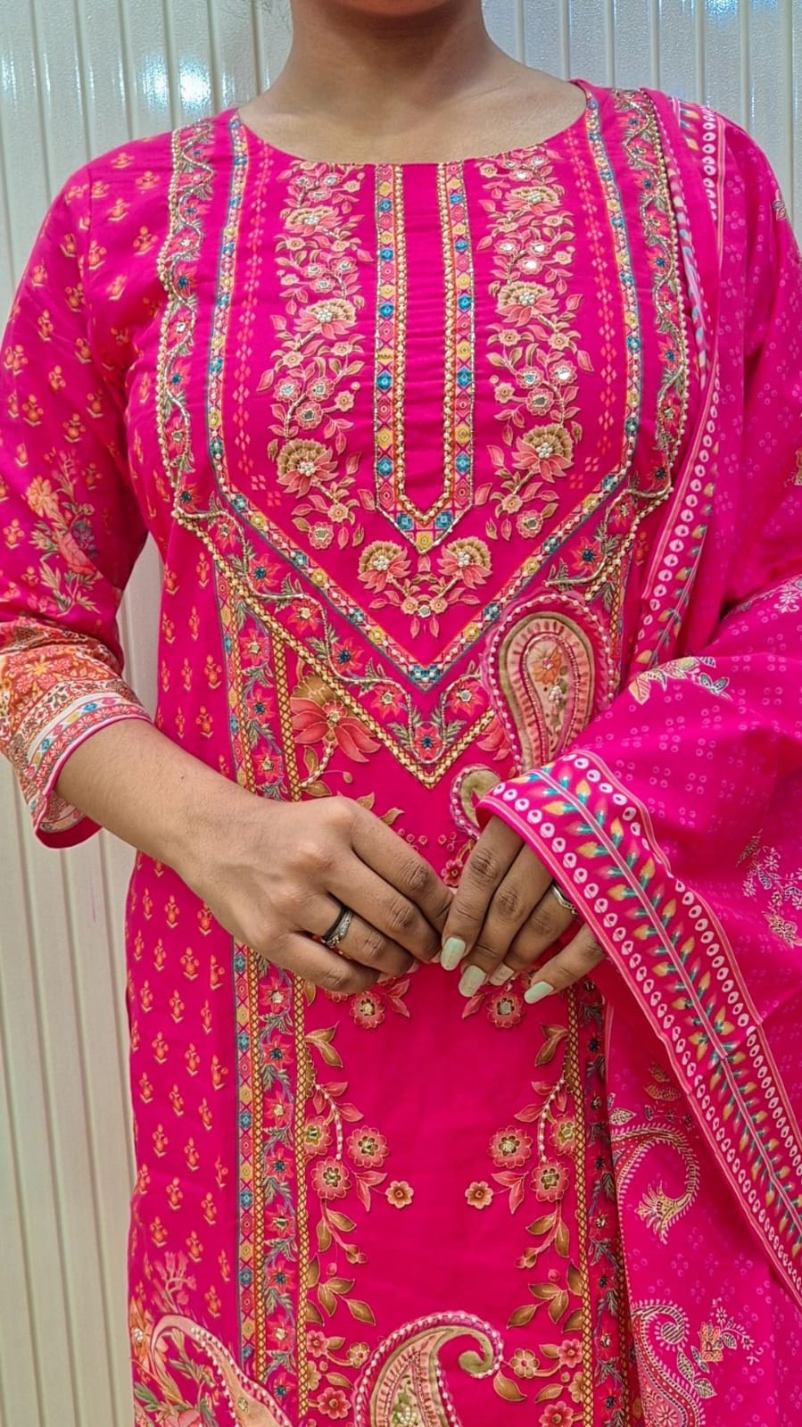 Rani Pink /Yellow  Printed Kurti Set with Dupatta