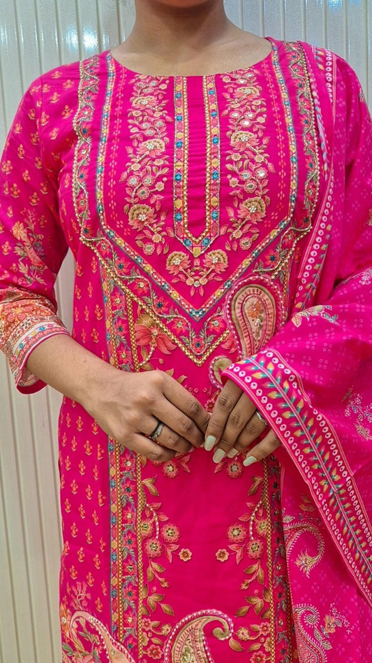 Rani Pink /Yellow  Printed Kurti Set with Dupatta