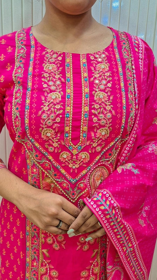 Rani Pink /Yellow  Printed Kurti Set with Dupatta