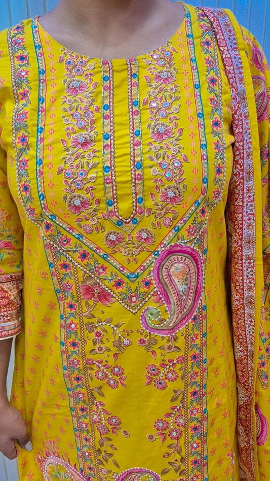 Rani Pink /Yellow  Printed Kurti Set with Dupatta
