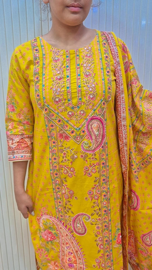 Rani Pink /Yellow  Printed Kurti Set with Dupatta