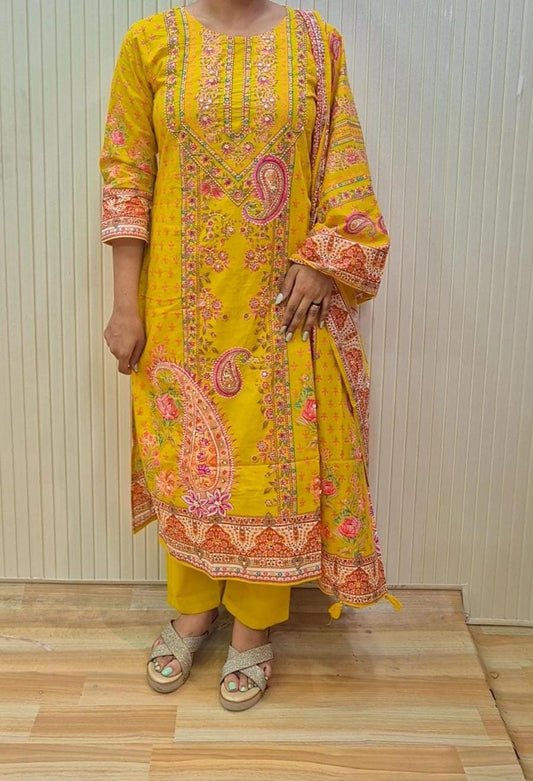 Rani Pink /Yellow  Printed Kurti Set with Dupatta