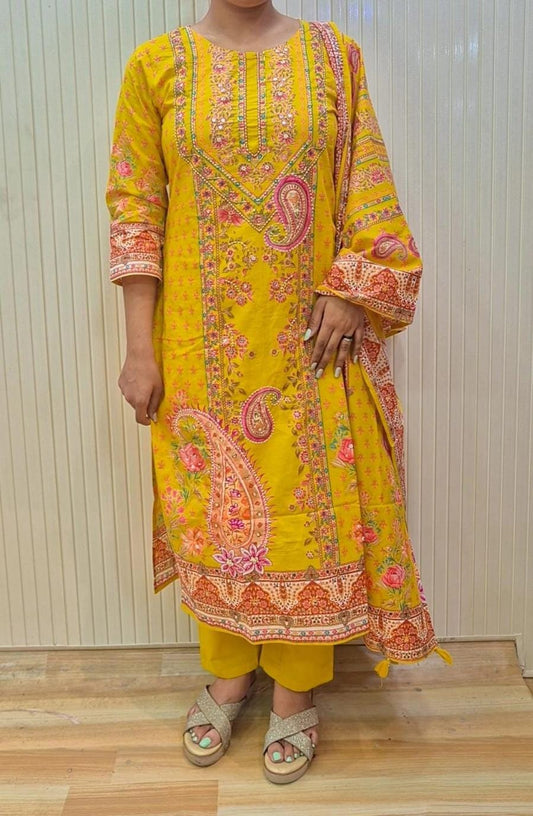 Rani Pink /Yellow  Printed Kurti Set with Dupatta
