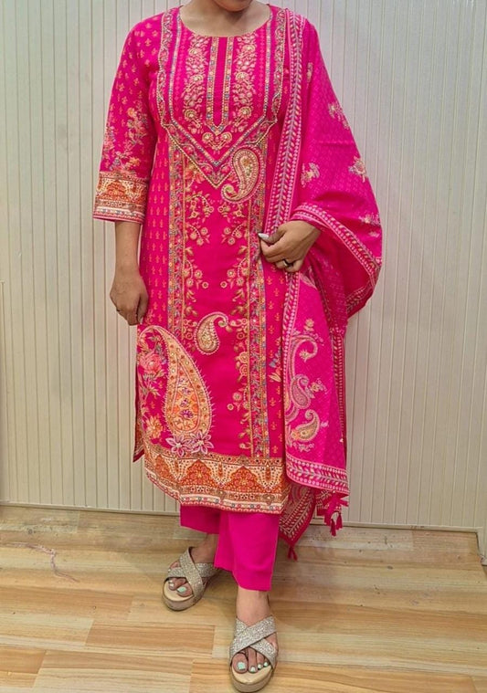 Rani Pink /Yellow  Printed Kurti Set with Dupatta