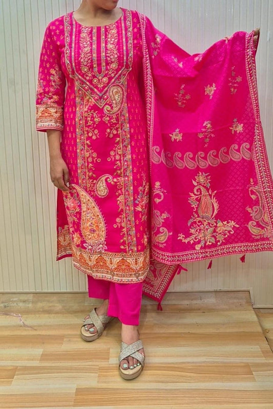 Rani Pink /Yellow  Printed Kurti Set with Dupatta
