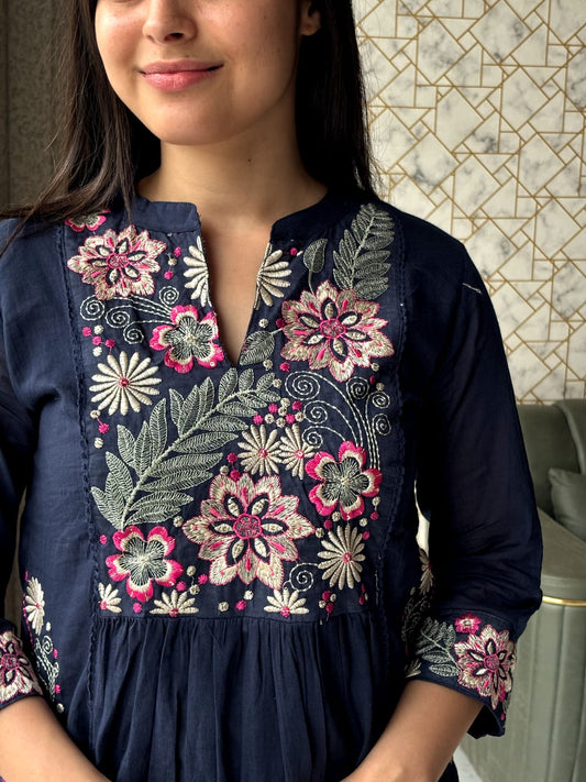 🌌 Navy Blue Floral Embroidered Anarkali Set