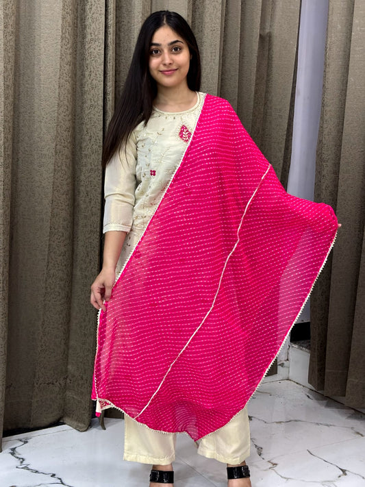 Off-White Mirror Embroidered Kurti Set with Sharara and Pink Dupatta