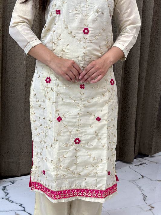 Off-White Mirror Embroidered Kurti Set with Sharara and Pink Dupatta