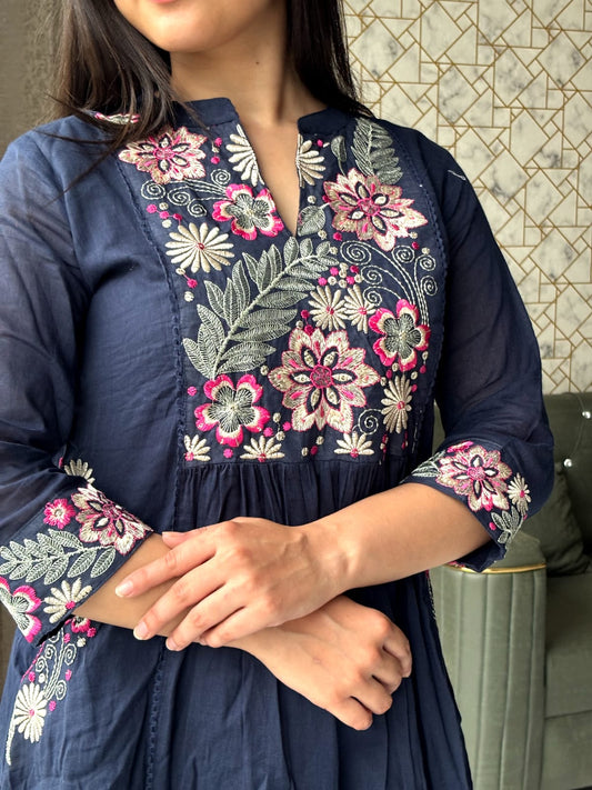 🌌 Navy Blue Floral Embroidered Anarkali Set