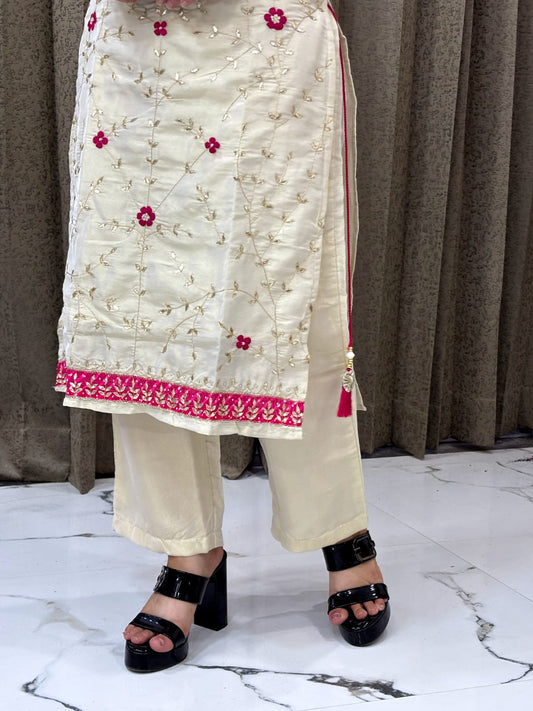 Off-White Mirror Embroidered Kurti Set with Sharara and Pink Dupatta