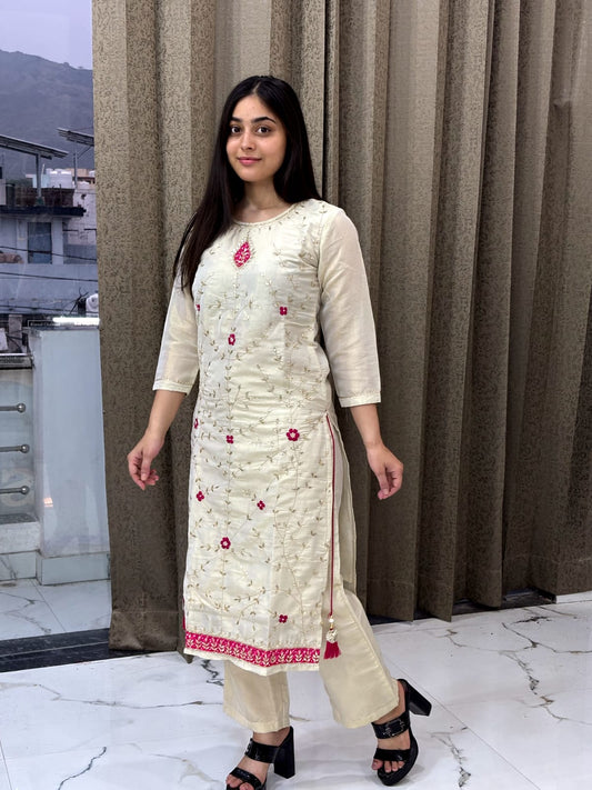 Off-White Mirror Embroidered Kurti Set with Sharara and Pink Dupatta