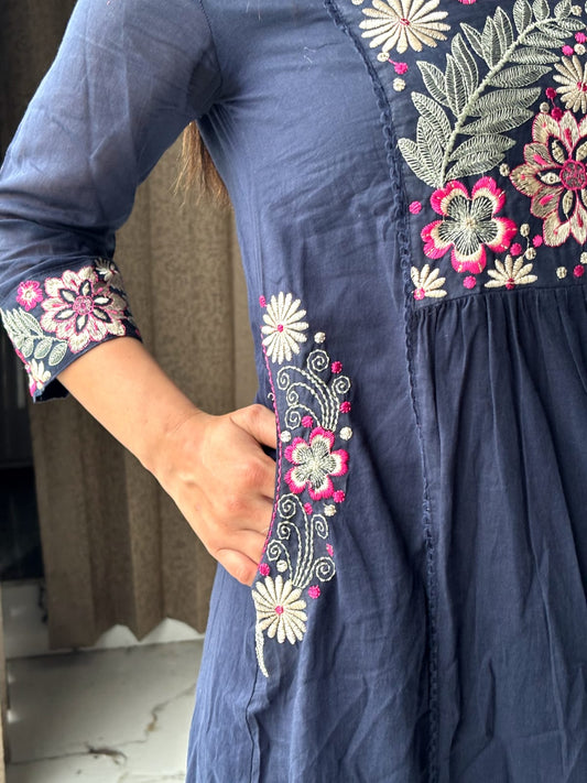 🌌 Navy Blue Floral Embroidered Anarkali Set