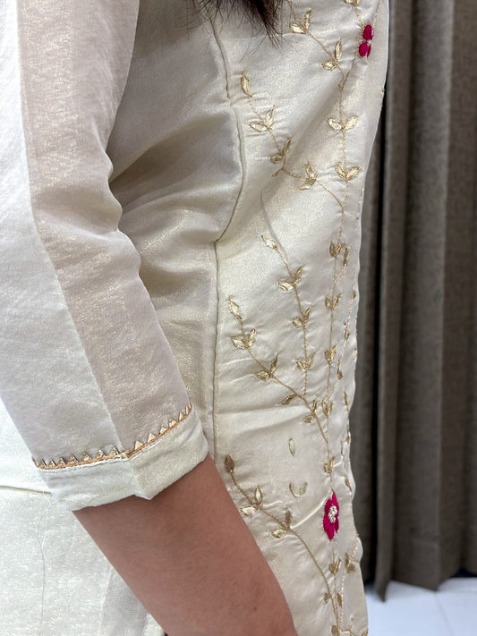 Off-White Mirror Embroidered Kurti Set with Sharara and Pink Dupatta