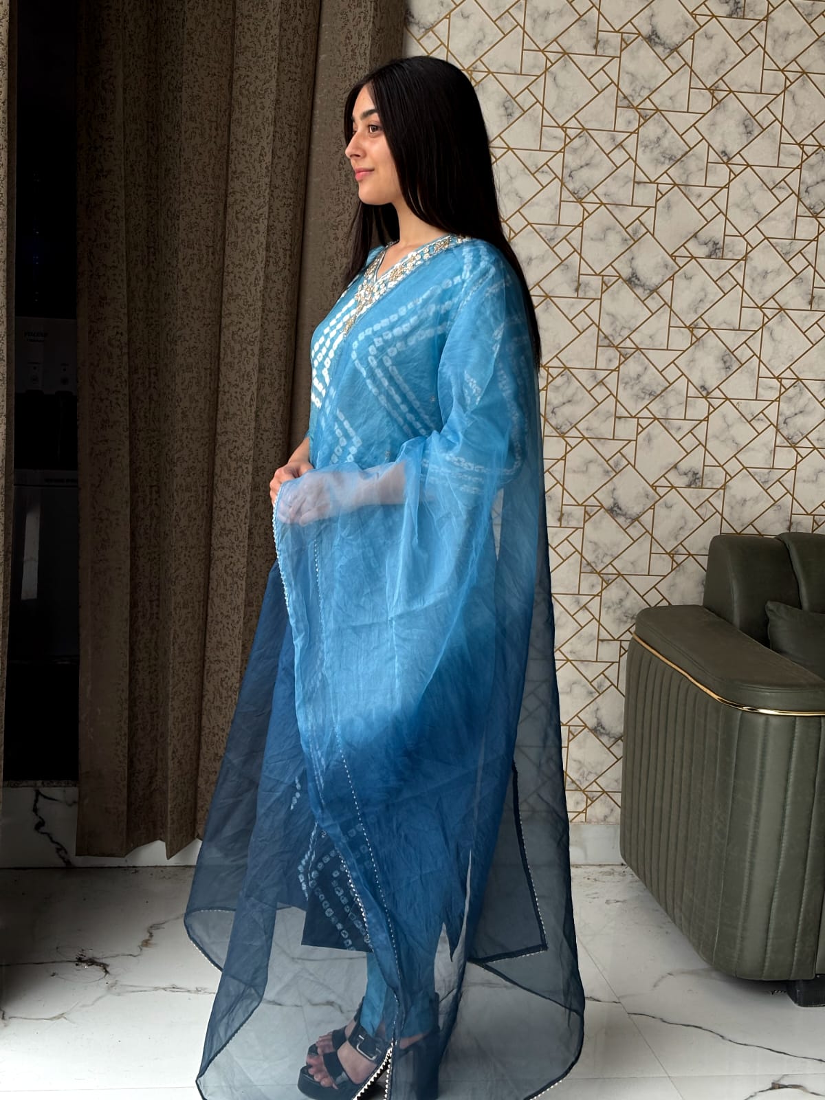 💙 Sky & Navy Ombre Bandhej Suit Set