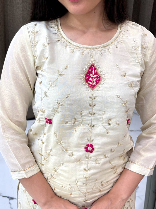 Off-White Mirror Embroidered Kurti Set with Sharara and Pink Dupatta