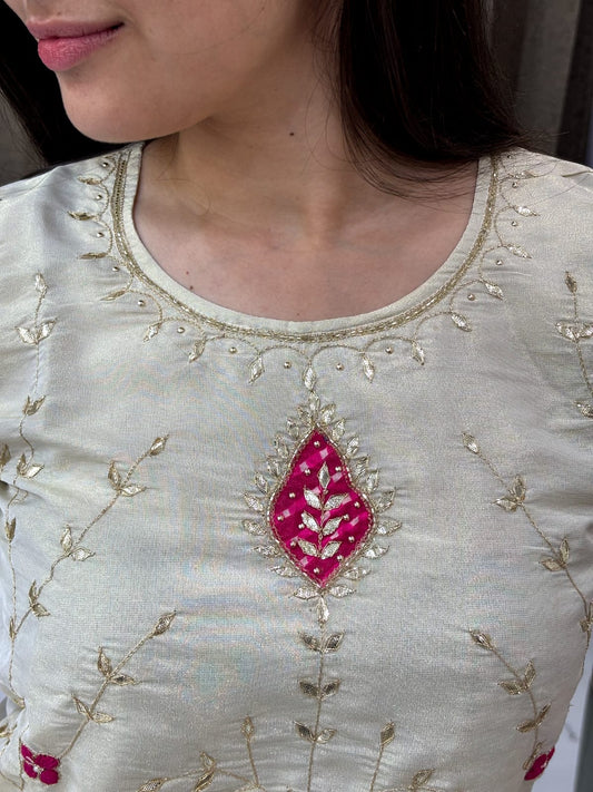 Off-White Mirror Embroidered Kurti Set with Sharara and Pink Dupatta