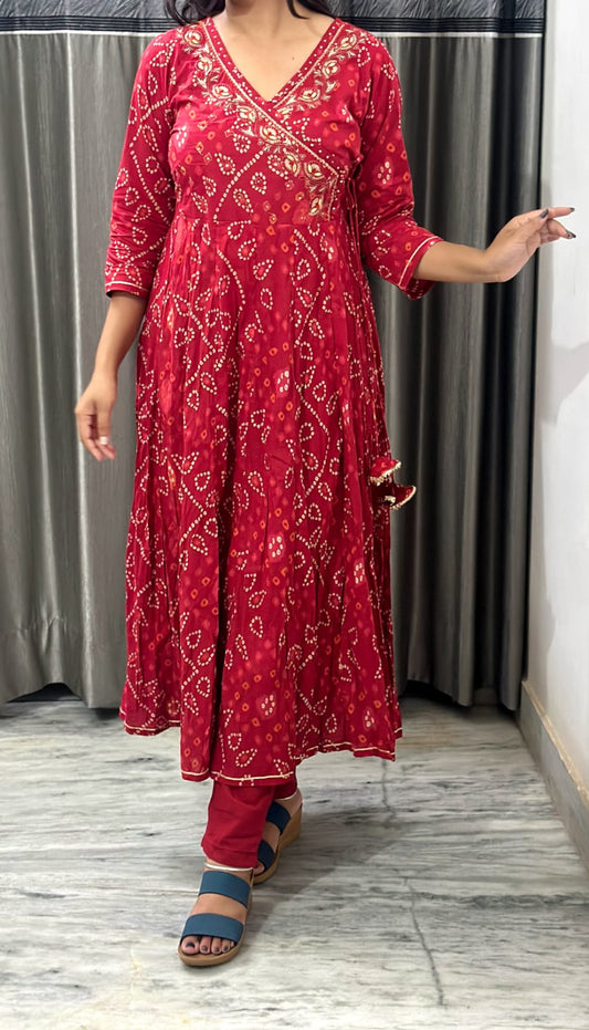 Maroon Bandhej Anarkali Suit with Dupatta