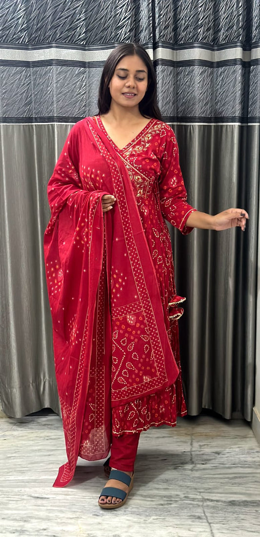 Maroon Bandhej Anarkali Suit with Dupatta