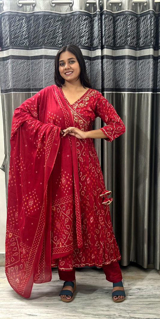 Maroon Bandhej Anarkali Suit with Dupatta