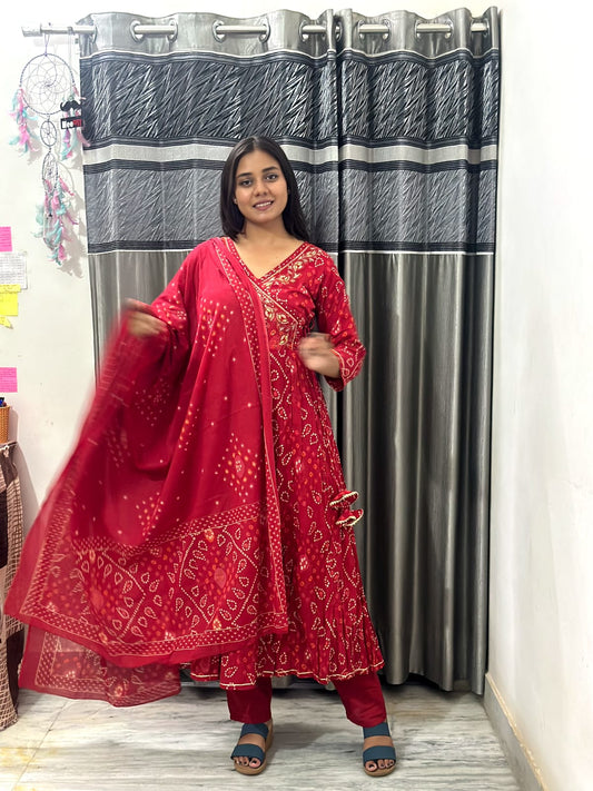 Maroon Bandhej Anarkali Suit with Dupatta