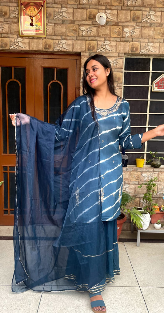 Teal Blue Hand-Dyed Sharara Set with Dupatta
