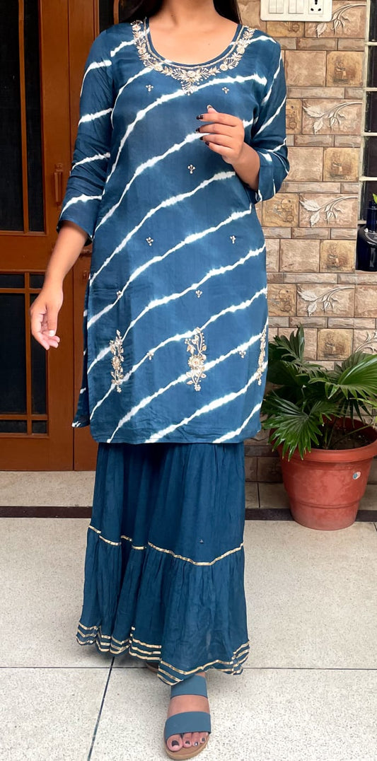 Teal Blue Hand-Dyed Sharara Set with Dupatta
