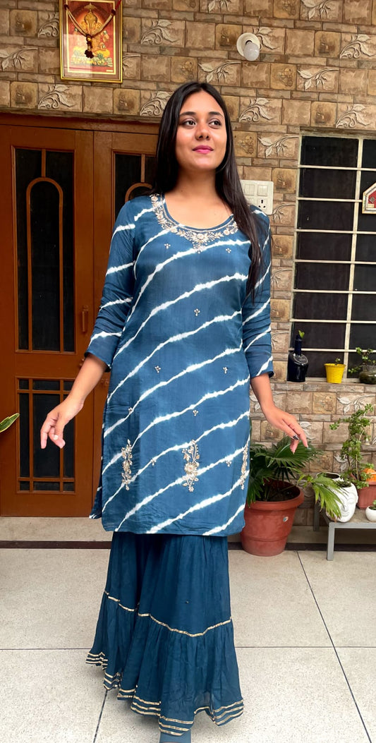 Teal Blue Hand-Dyed Sharara Set with Dupatta
