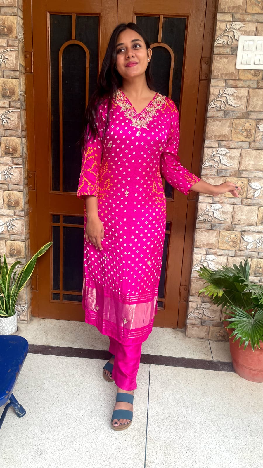 Hot Pink Mirror Work Suit Set