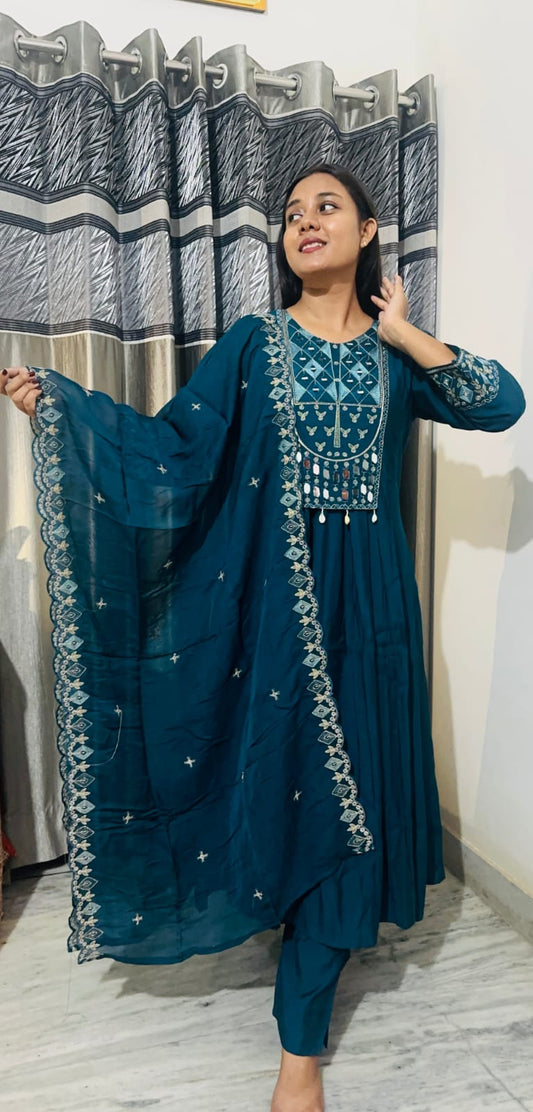 Teal Blue Embroidered Anarkali Kurta Set