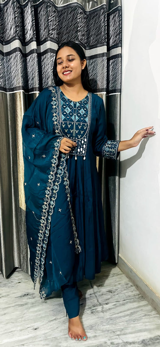 Teal Blue Embroidered Anarkali Kurta Set